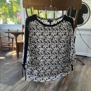 The Limited Black,Purple, White Patterned Blouse, black ribbon down sleeve ties